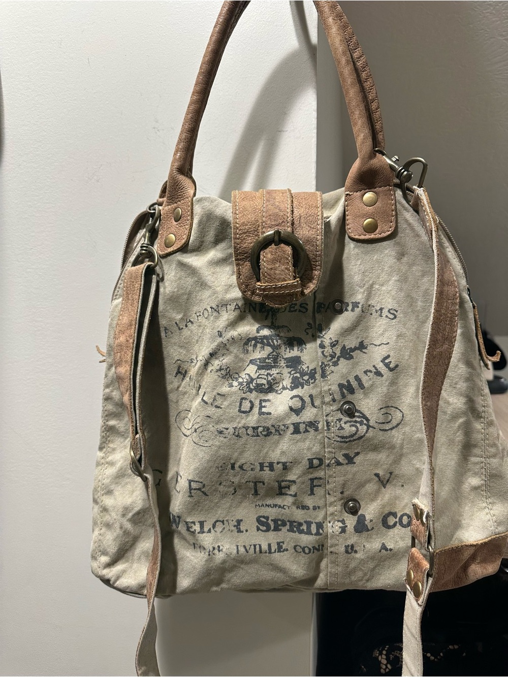 Canvas and Suede Buckle Tote Bag - Beige & Tan